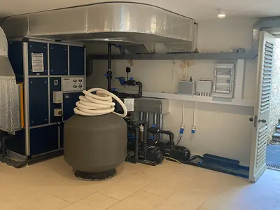 Pool plant room with sand filter, pumps and controls